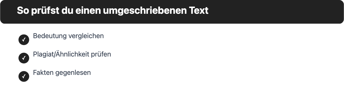 Checkliste mit drei Prüfschritten für umgeschriebene Texte