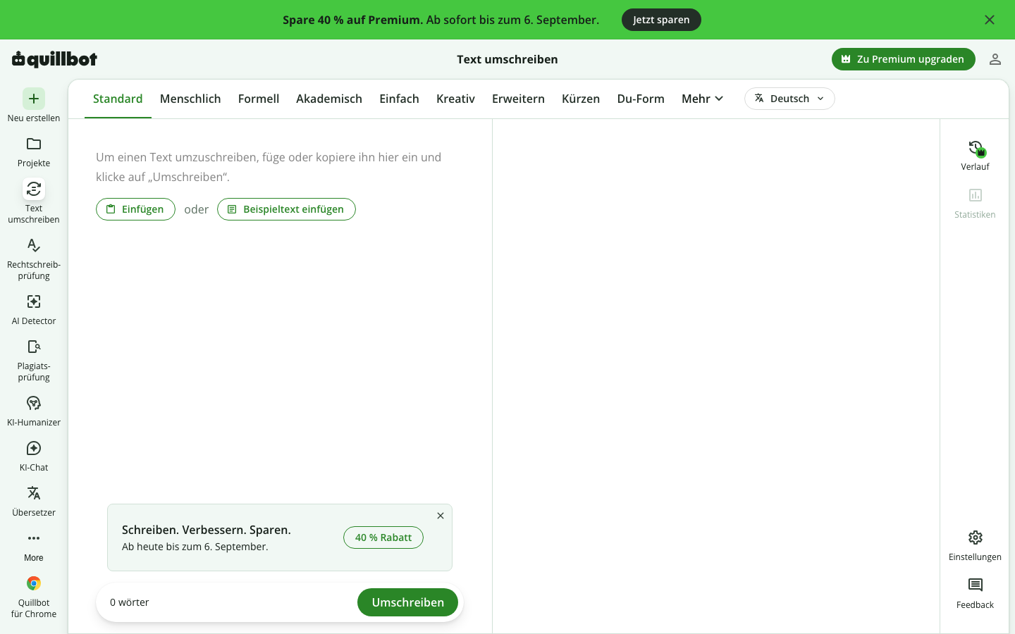 Screenshot der QuillBot Umschreib-Oberfläche
