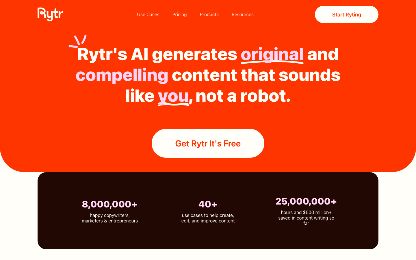 Startseite des KI-Text-Generators Rytr