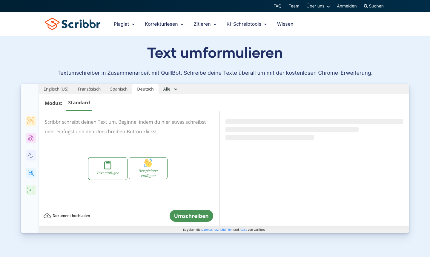 Screenshot des kostenlosen Scribbr Text-Umformulierers
