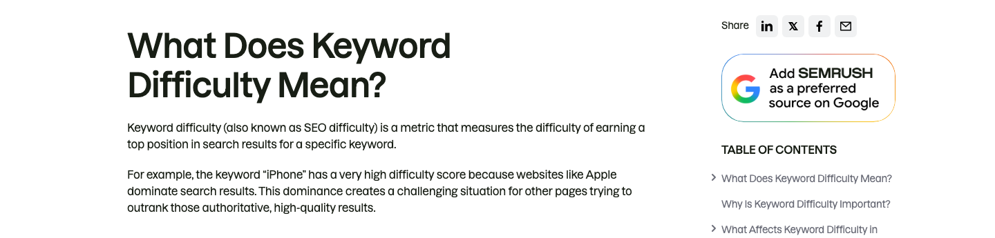 Screenshot of Semrush keyword difficulty blog post showing the definition and iPhone example