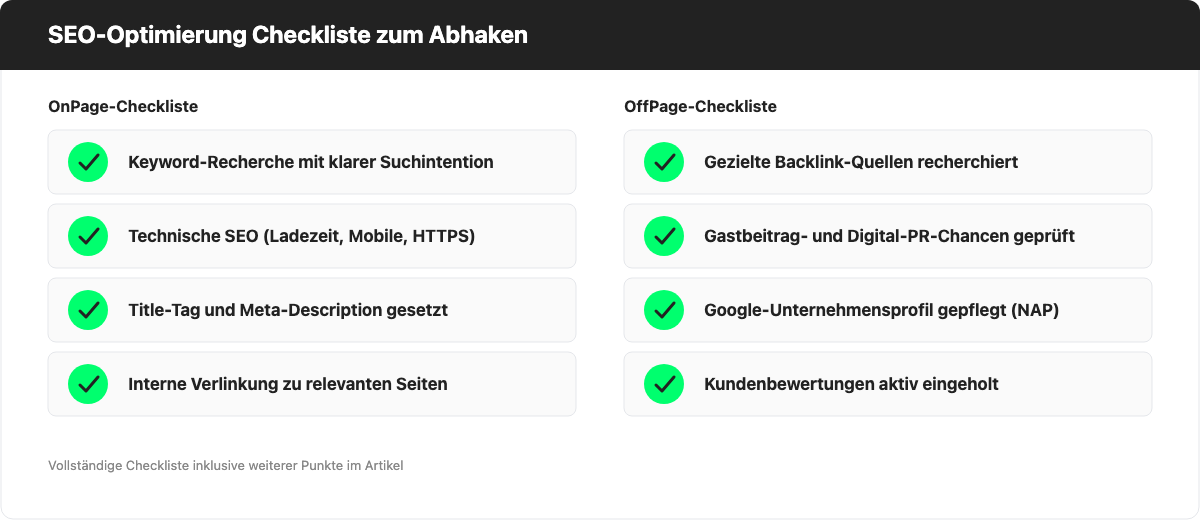 SEO-Optimierung Checkliste zum Abhaken mit OnPage- und OffPage-Punkten