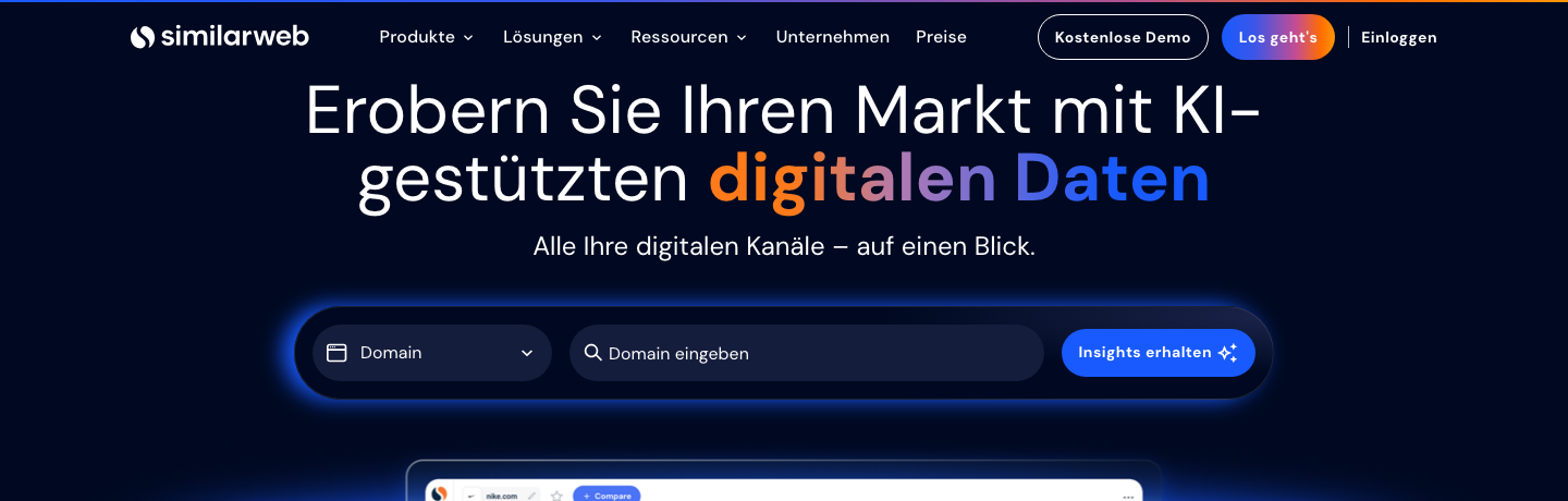 Screenshot der SimilarWeb Startseite mit Eingabefeld Domain eingeben