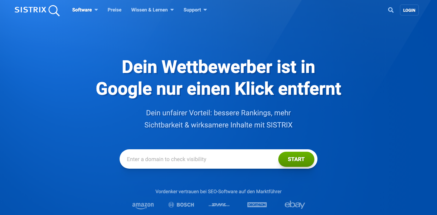 Screenshot der SISTRIX Startseite mit Sichtbarkeits-Check-Tool