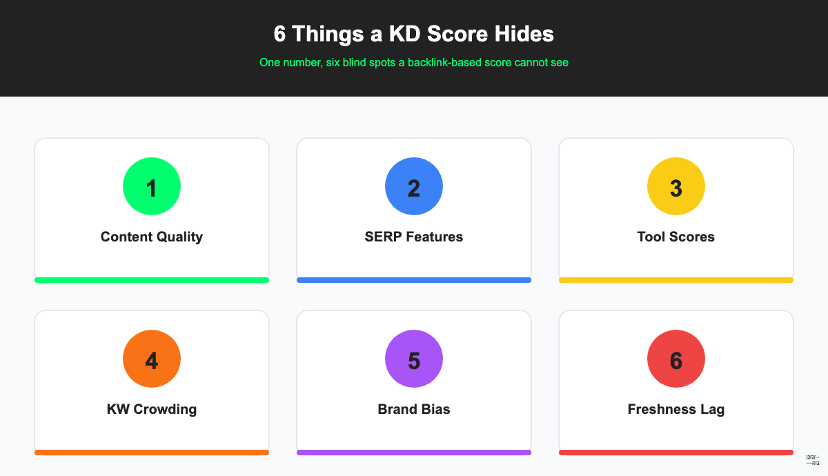 Infographic listing six things a keyword difficulty score hides: content quality, SERP features, tool inconsistency, keyword crowding, intent bias and freshness
