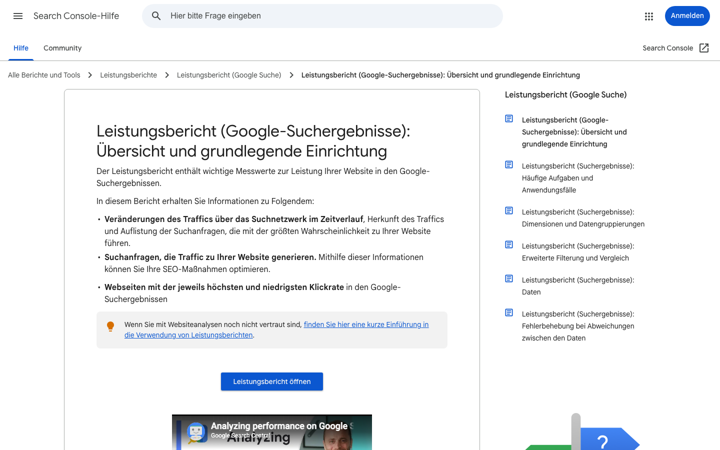 Google Search Console Hilfe-Seite zum Leistungsbericht, der zur Erkennung von Content Decay genutzt wird
