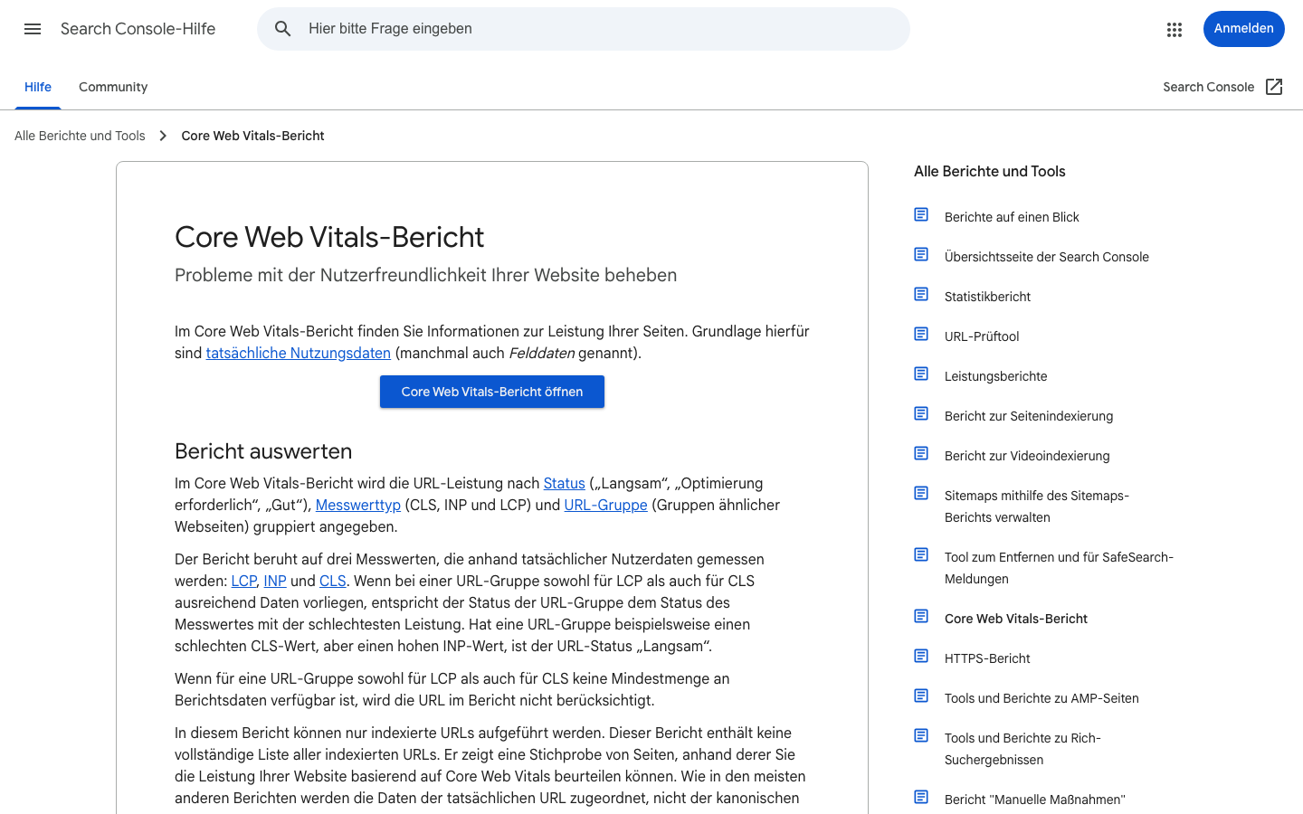Screenshot: Core Web Vitals-Bericht in der Google Search Console-Hilfe
