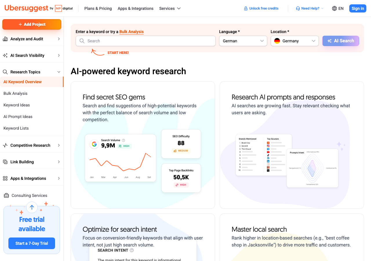 Ubersuggest keyword research and site audit dashboard