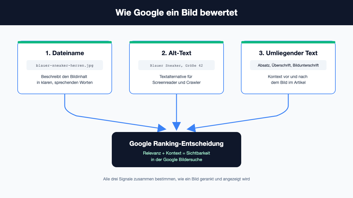Diagramm: Wie Google ein Bild bewertet anhand von Dateiname, Alt-Text und umliegendem Text