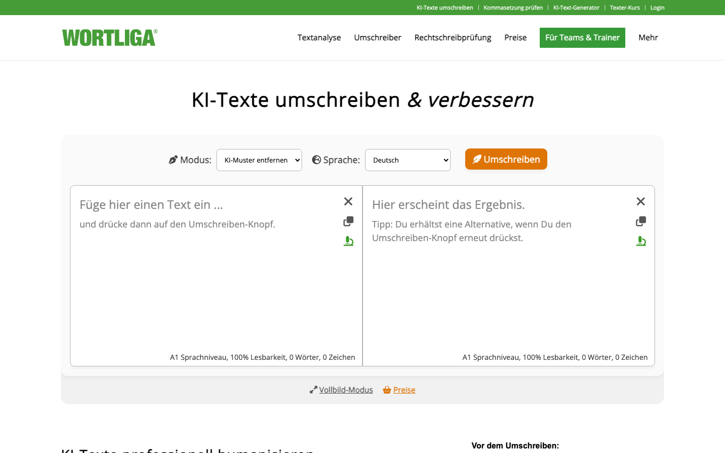 Screenshot des Wortliga KI-Text-Humanizers