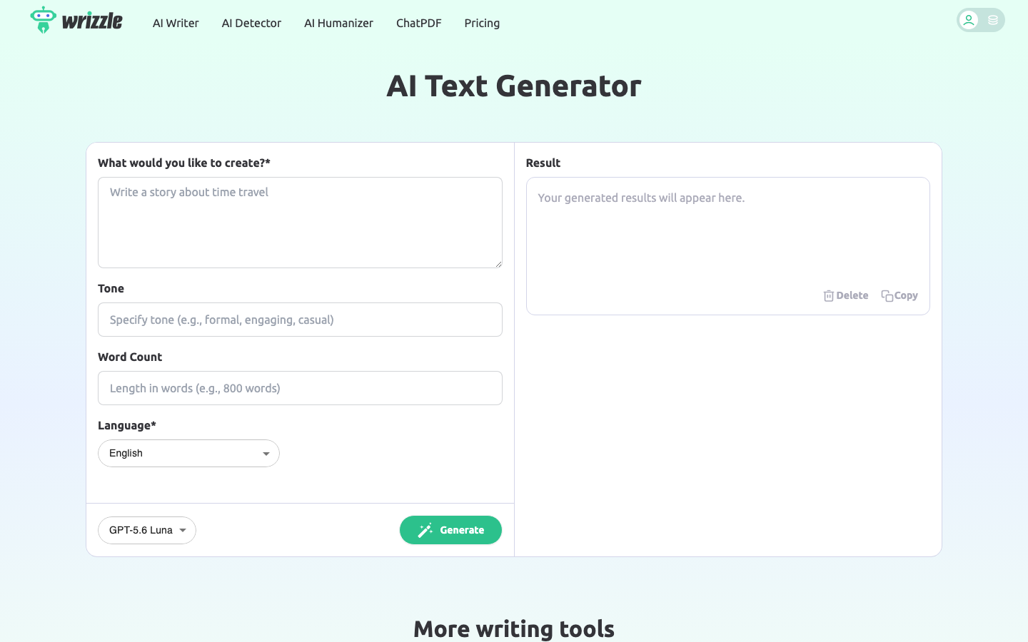 Oberfläche des kostenlosen KI-Text-Generators von Wrizzle