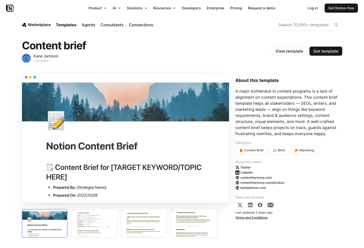 Beispiel einer Content Briefing Vorlage in Notion mit Feldern für Keyword, Zielgruppe und Struktur