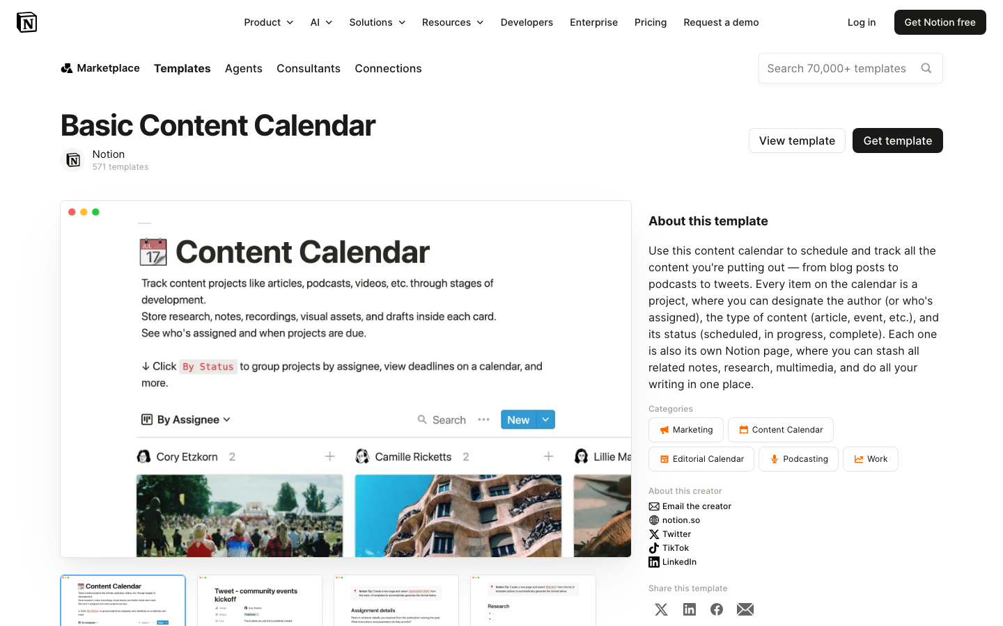 Beispiel eines Redaktionskalenders: Notion-Vorlage für einen Content-Kalender