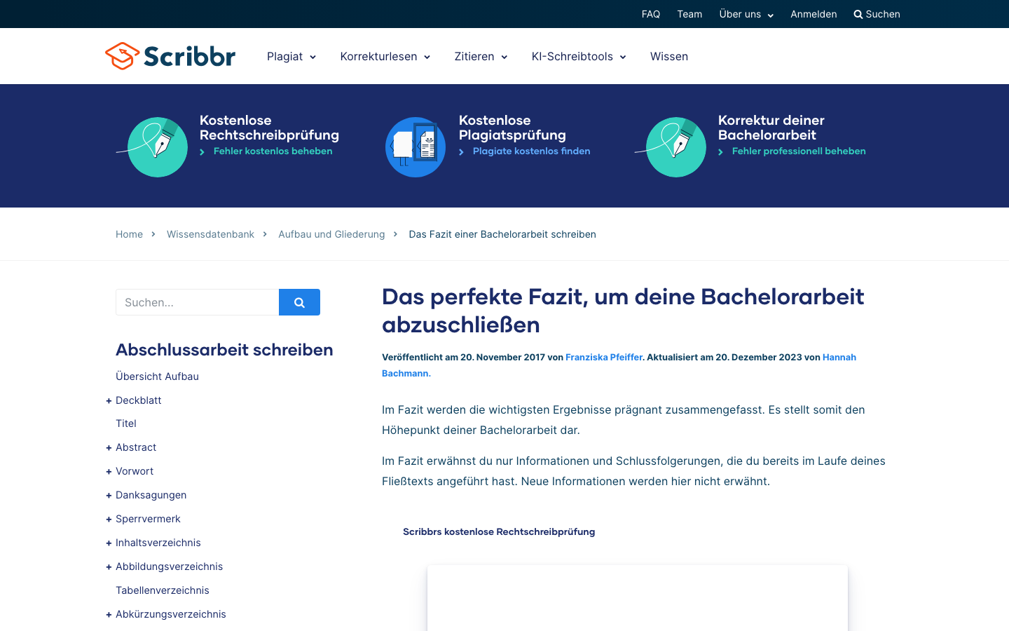 Screenshot der Scribbr-Anleitung zum Fazit einer Bachelorarbeit