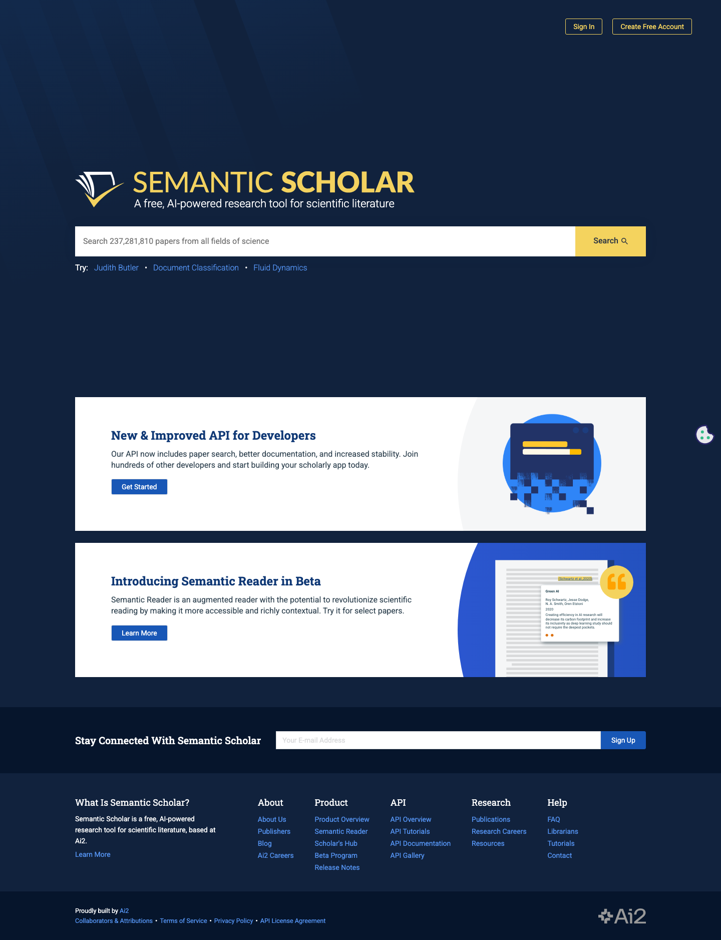 Screenshot der Startseite von Semantic Scholar, einem kostenlosen KI-Recherche-Tool