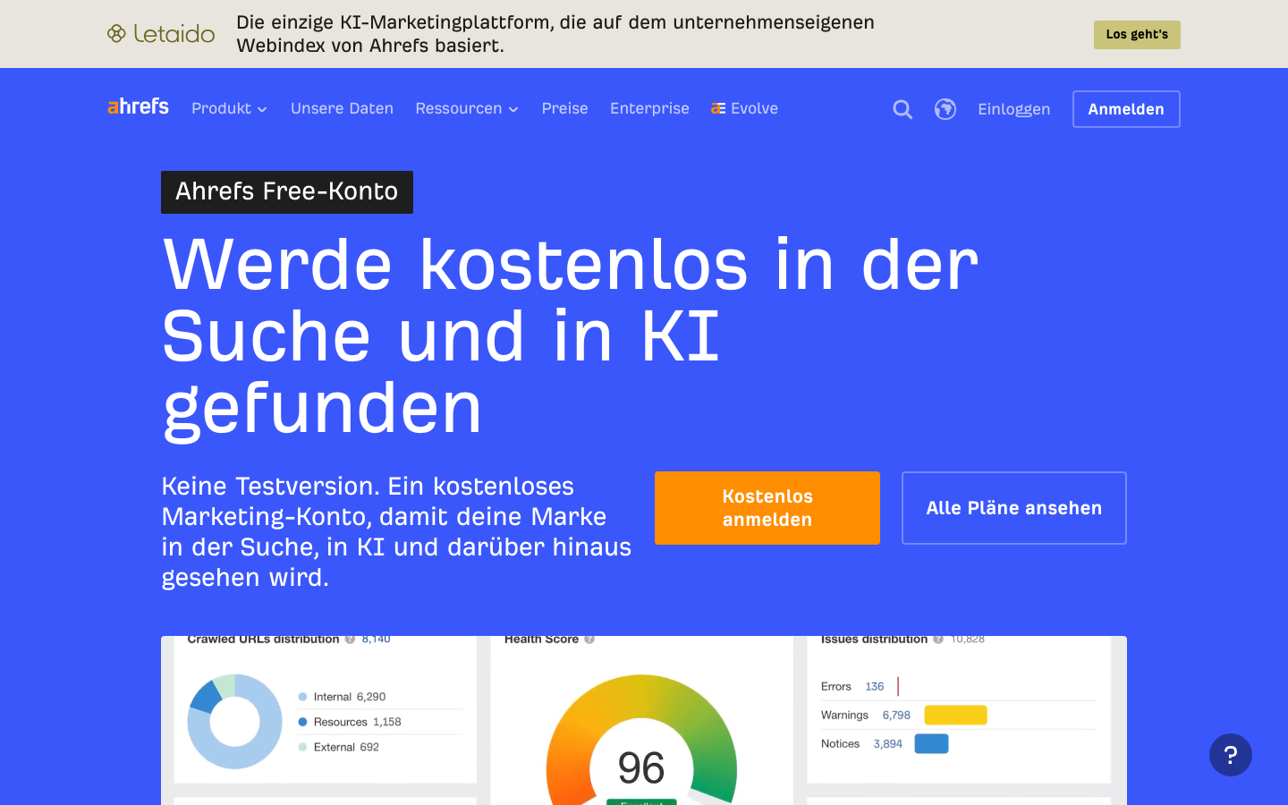 Startseite von Ahrefs Free mit Site-Audit-Kennzahlen wie Health Score und Issues-Verteilung