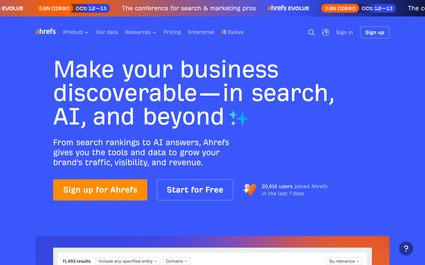 Screenshot der Ahrefs-Startseite mit Positionierung für Suche, KI-Sichtbarkeit und Backlink-Daten