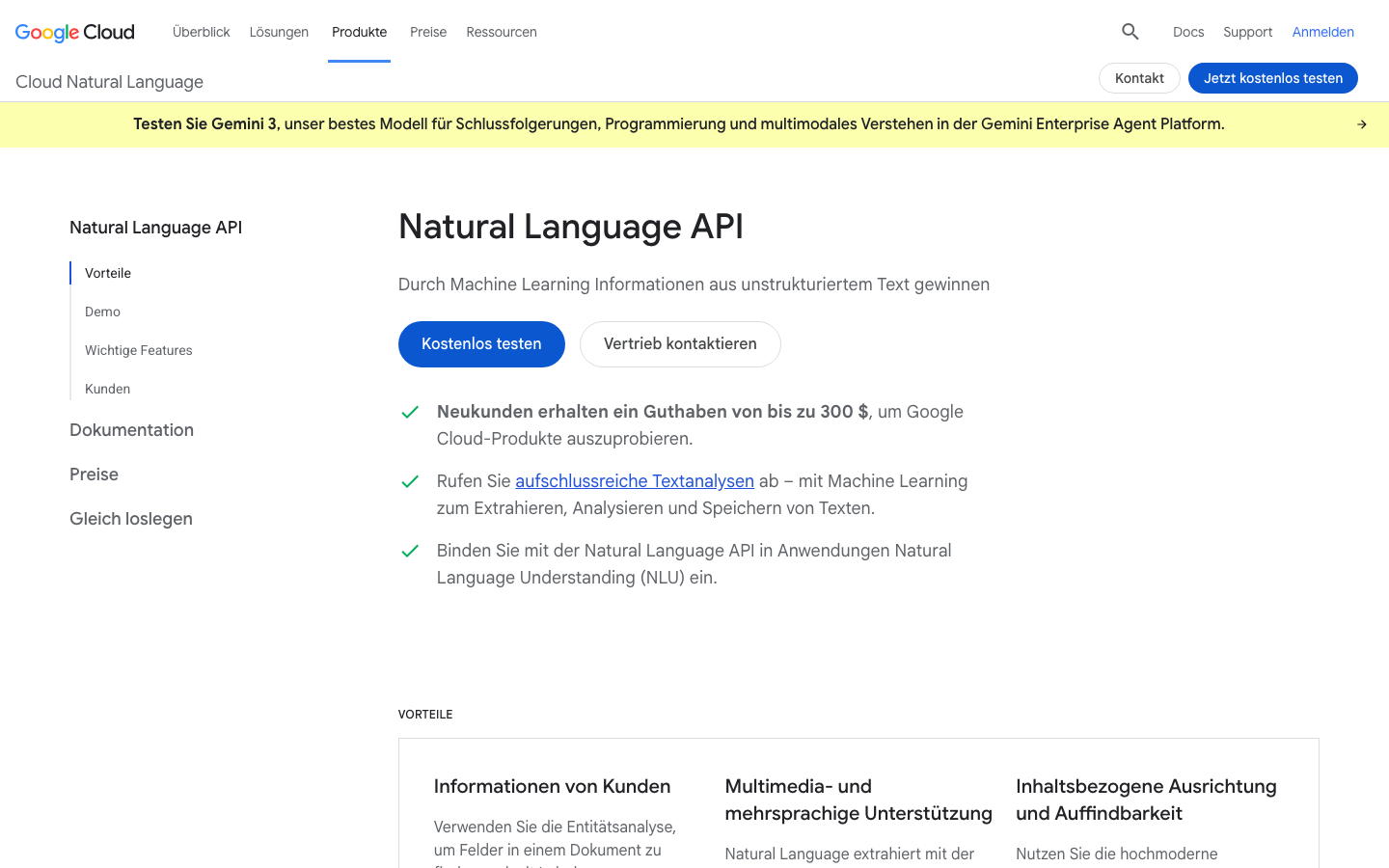 Google Cloud Natural Language API Produktseite zur Entitätsanalyse mit Machine Learning