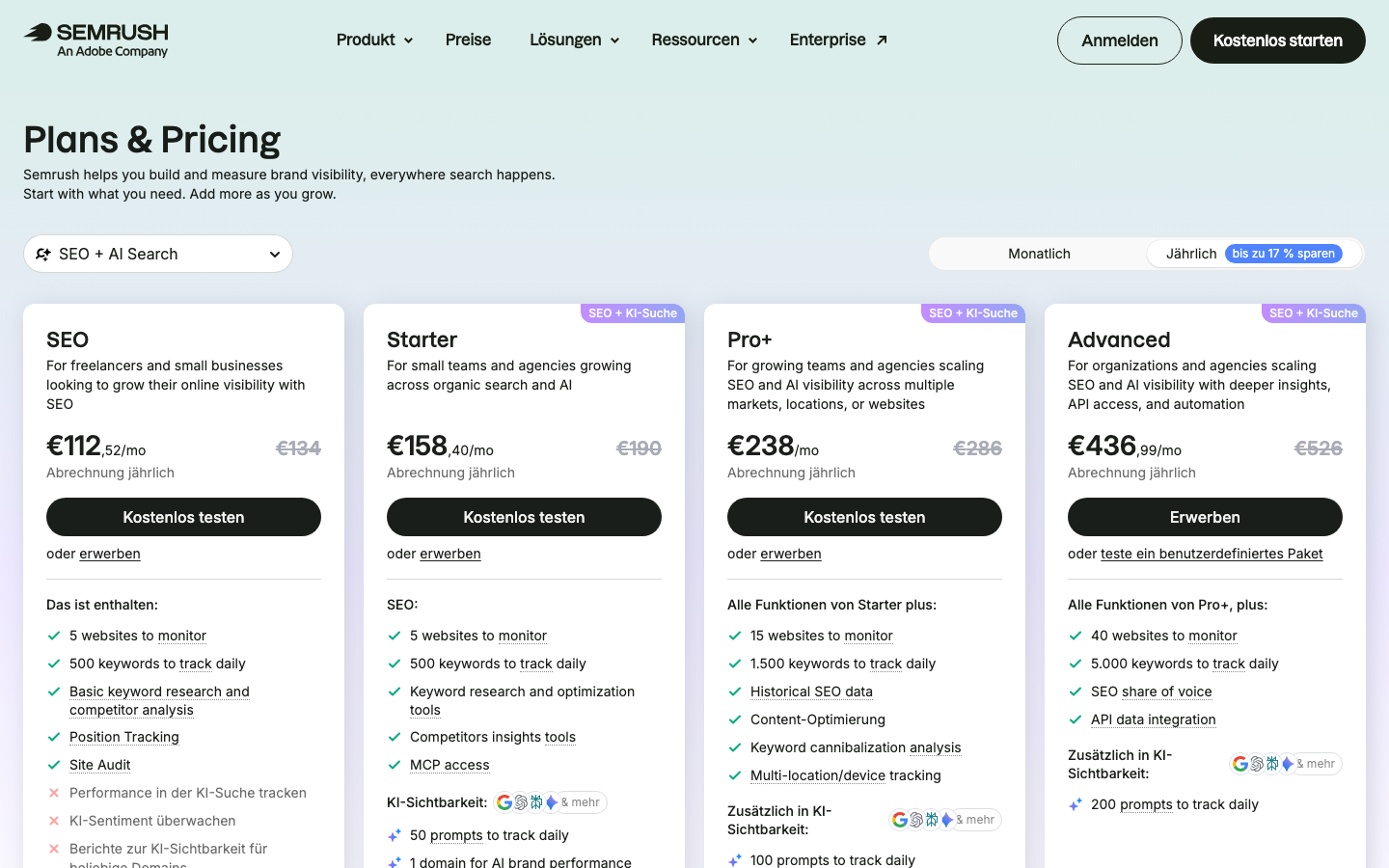 Screenshot der Semrush Preisseite auf de.semrush.com mit den vier Tarifen SEO, Starter, Pro+ und Advanced in Euro
