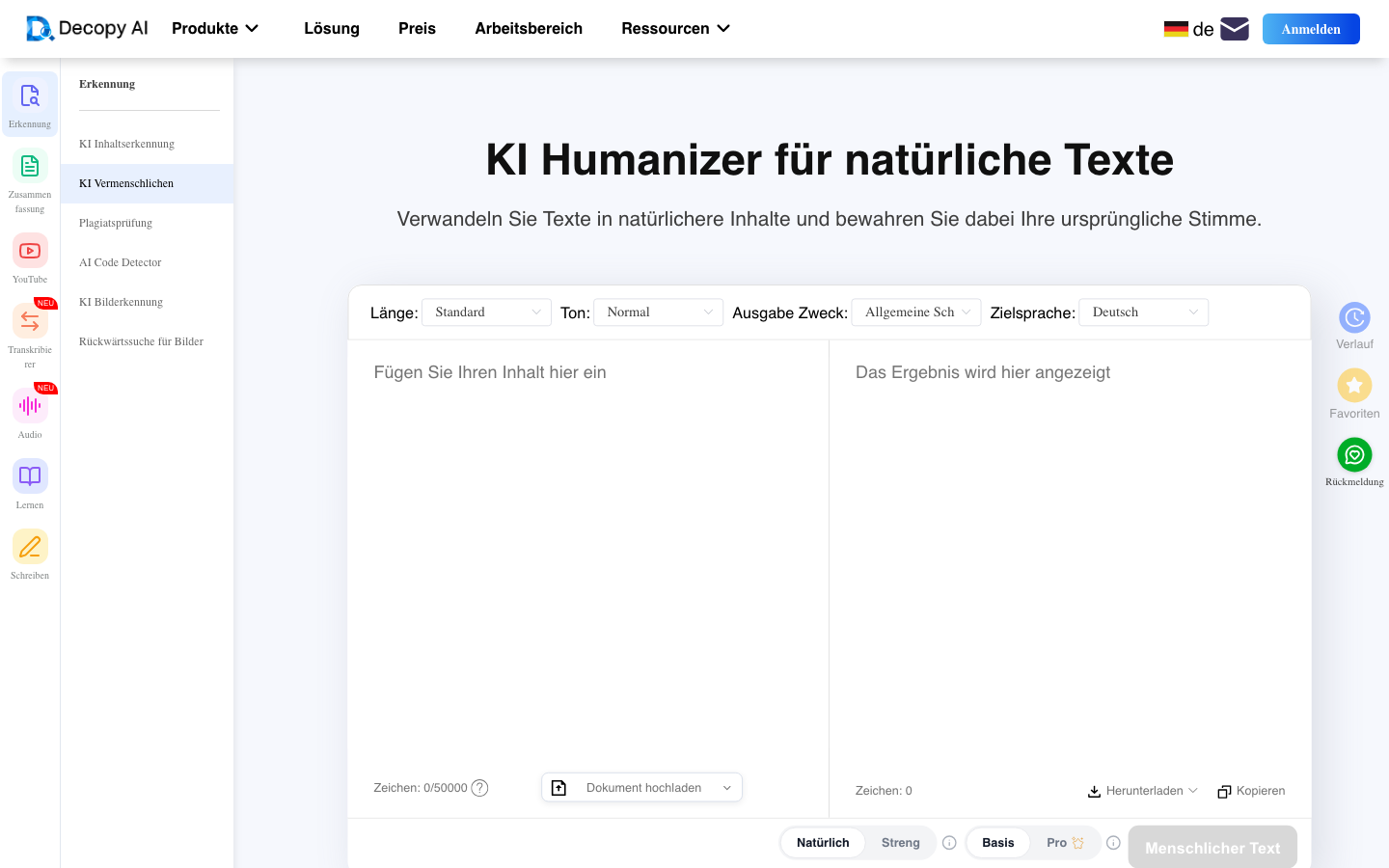 decopy.ai KI-Humanizer mit Ton- und Zweckvorlagen