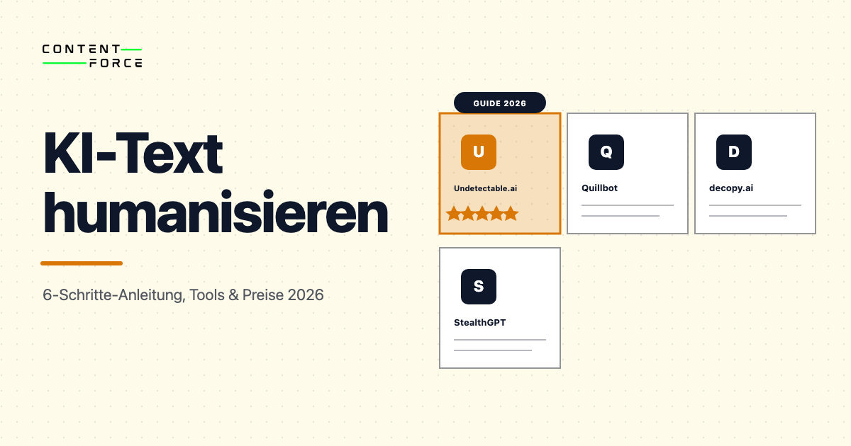 Contentforce featured image: KI-Text humanisieren, Tool-Vergleich Undetectable.ai, Quillbot, decopy.ai, StealthGPT