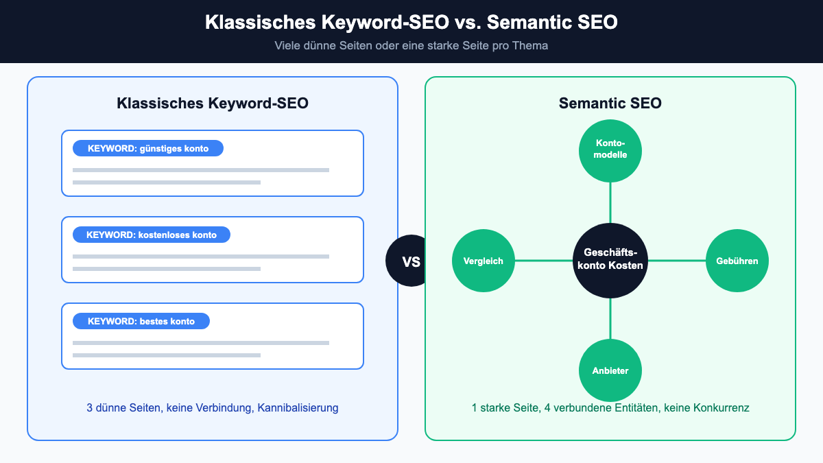 Vergleich klassisches Keyword-SEO mit mehreren Einzelseiten gegen Semantic SEO mit einer vernetzten Themenseite