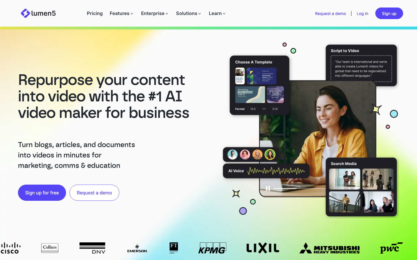 Screenshot der Lumen5-Startseite: KI-Video-Tool zum Umwandeln von Blogartikeln in Social-Media-Videos
