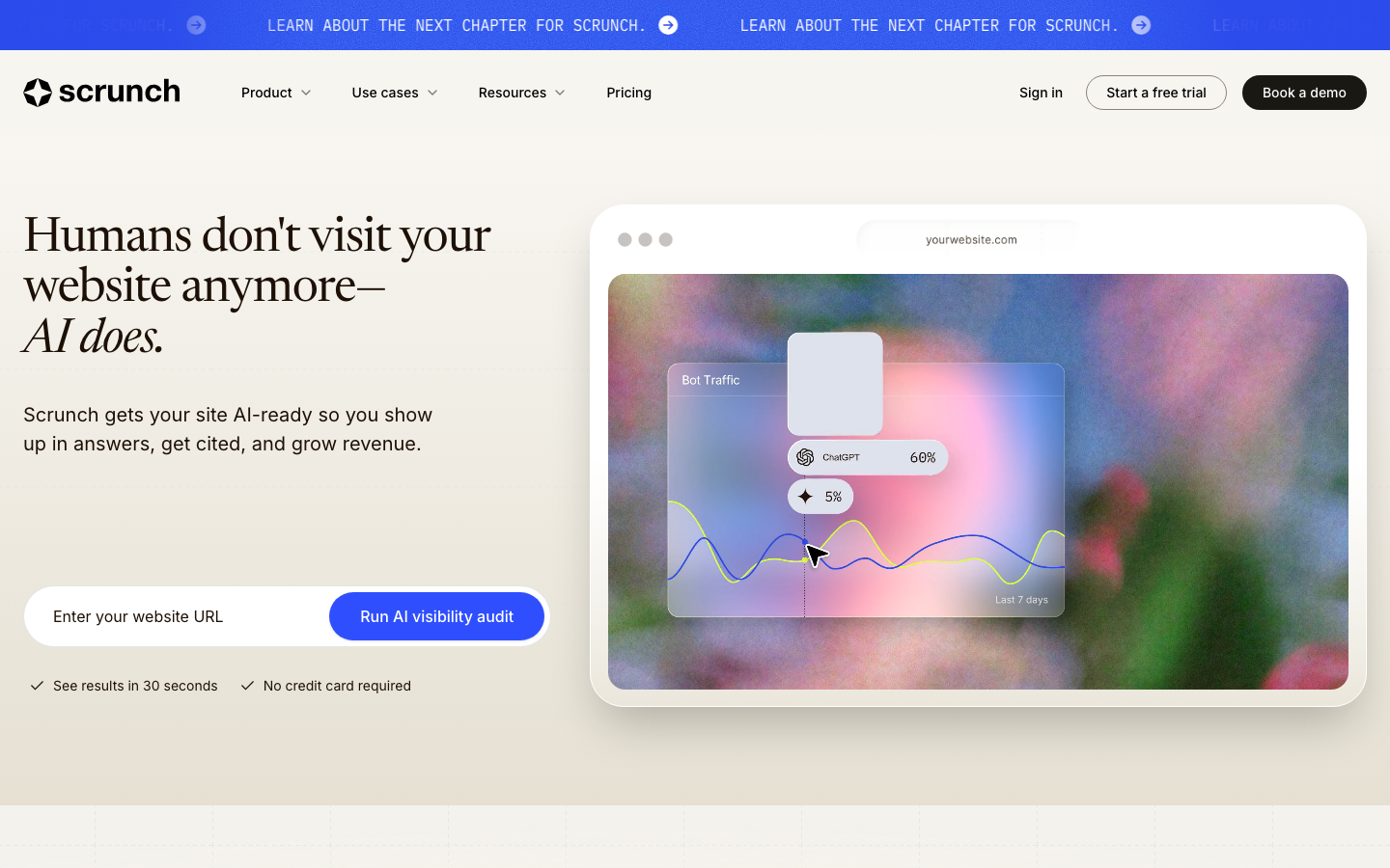 Scrunch's homepage with a bot-traffic chart mockup and a form to run a free AI visibility audit.