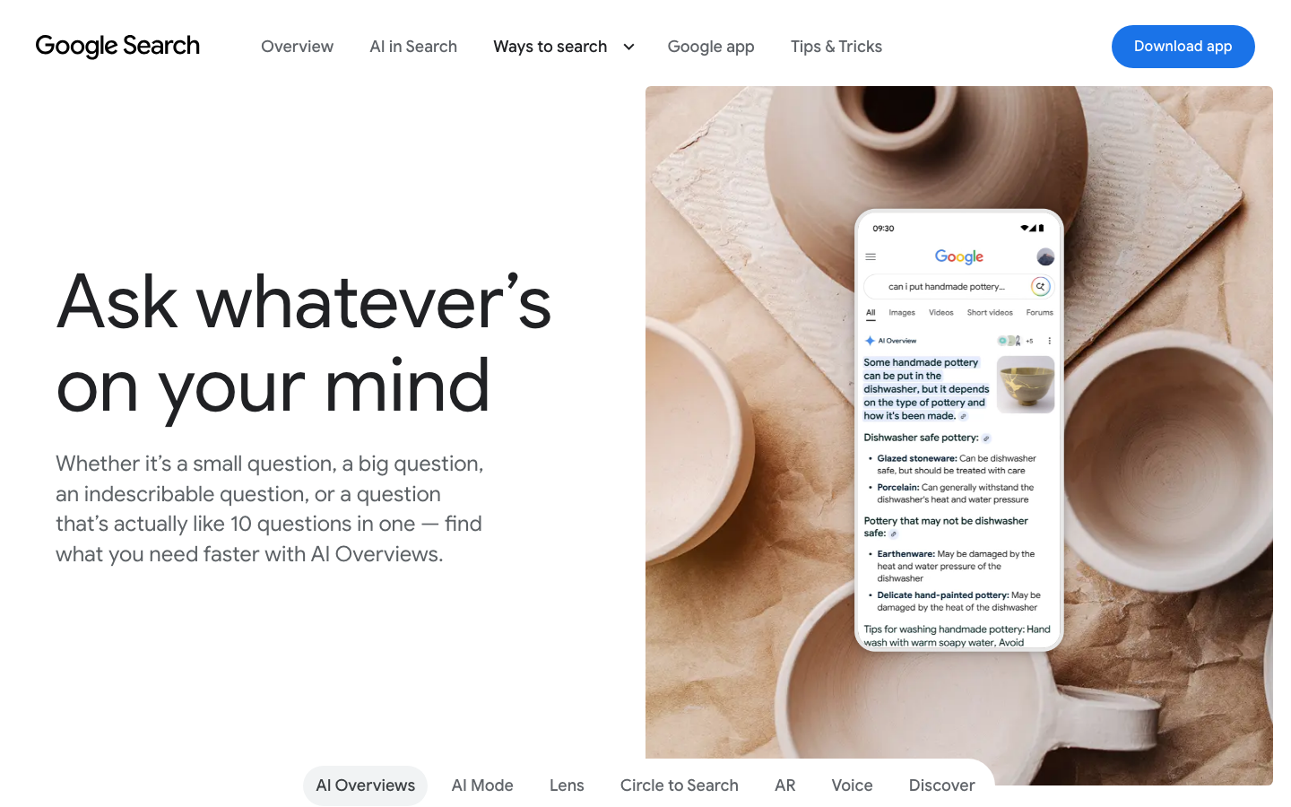 Offizielle Google-Seite zu AI Overviews mit Beispiel einer KI-Übersicht zu einer Suchanfrage