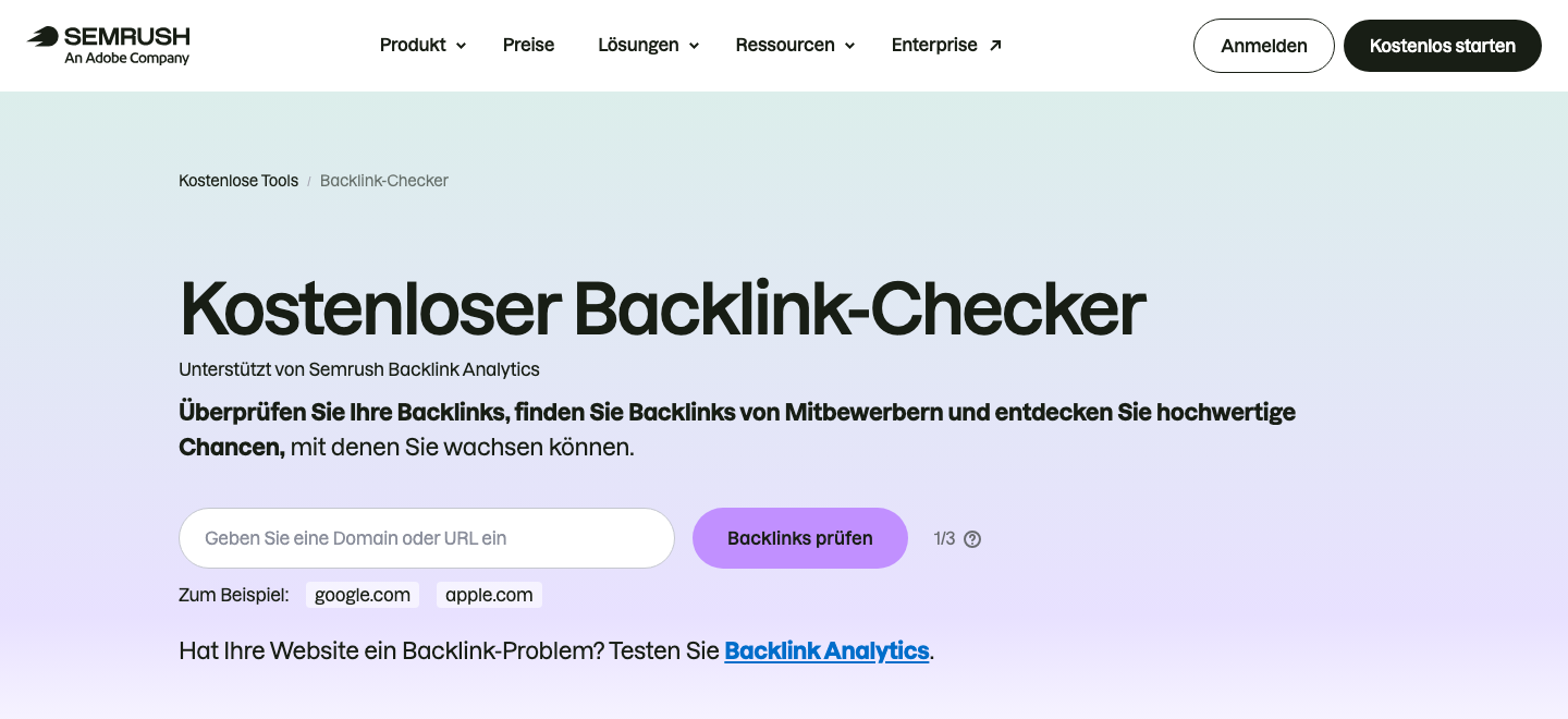 Semrush kostenloser Backlink-Checker mit Eingabefeld für Domain oder URL