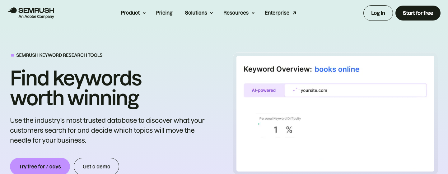 Semrush Keyword Overview panel showing a sample search query and personal keyword difficulty score.