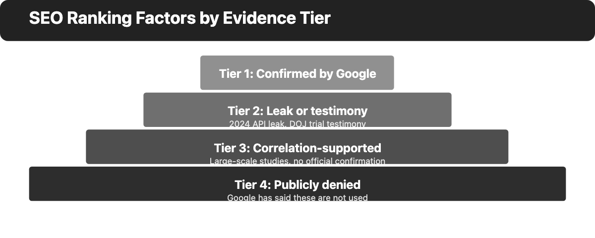 A four-level pyramid diagram. From narrow top to wide base: Tier 1 Confirmed by Google, Tier 2 Revealed by leak or testimony, Tier 3 Correlation-supported, Tier 4 Publicly denied.
