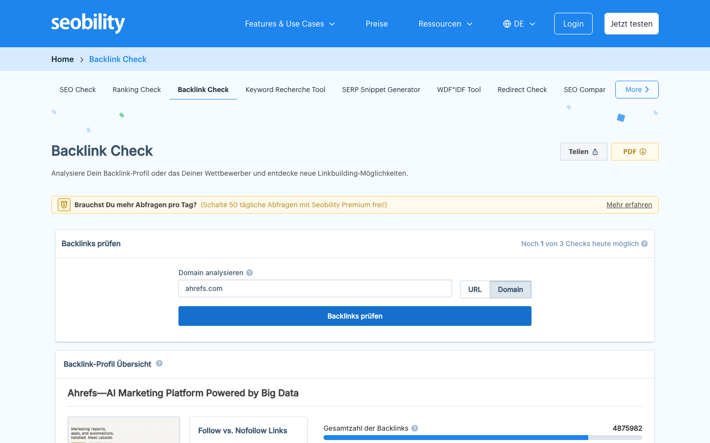 Seobility Backlinkcheck zeigt die Backlink-Profil-Übersicht einer geprüften Domain