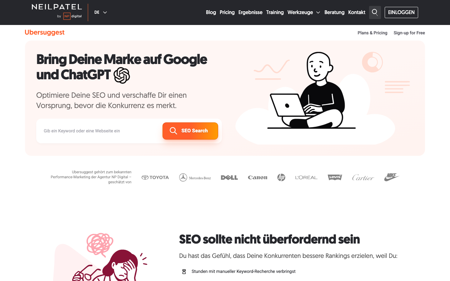 Ubersuggest Startseite mit Eingabefeld für Keyword- und SEO-Analyse