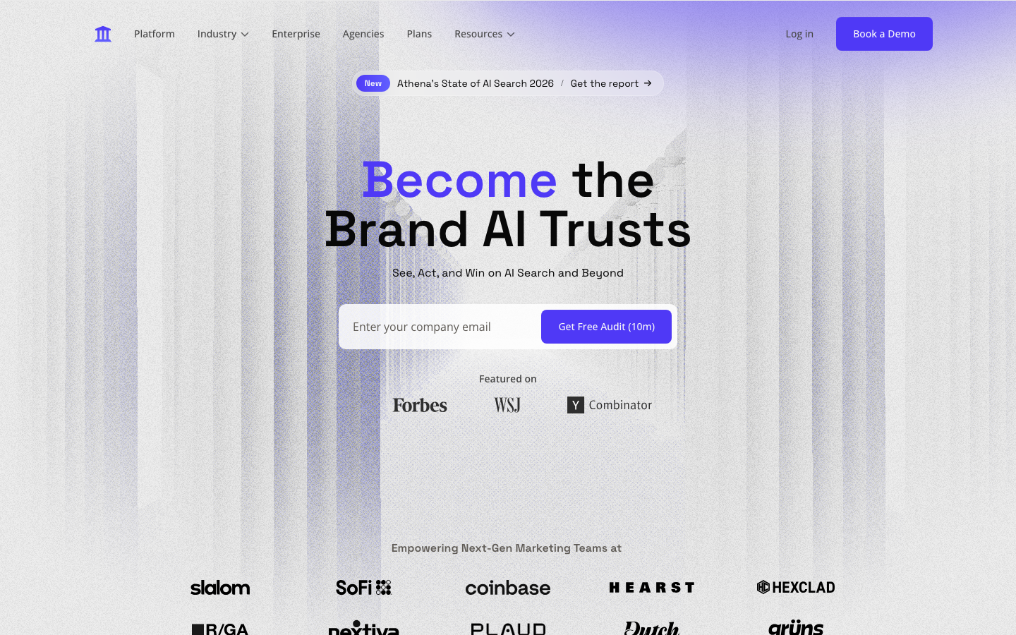 AthenaHQ's homepage with its Become the Brand AI Trusts headline and a free-audit email signup field.