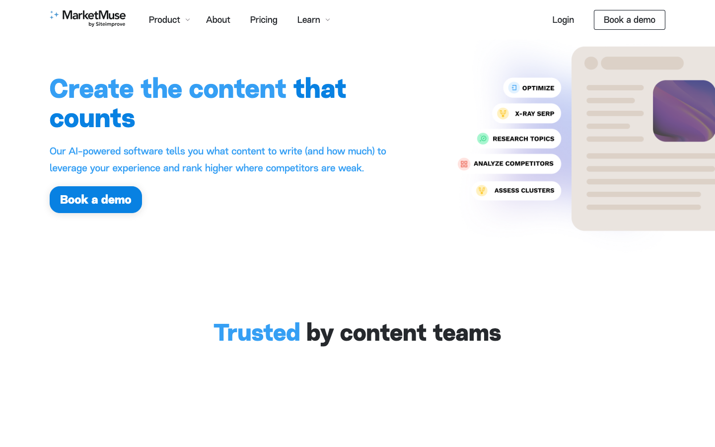Startseite von MarketMuse (by Siteimprove): KI-gestützte Content-Intelligence-Plattform