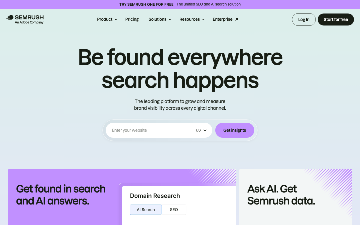 Semrush's homepage with its Be found everywhere search happens headline and an AI Search versus SEO toggle.