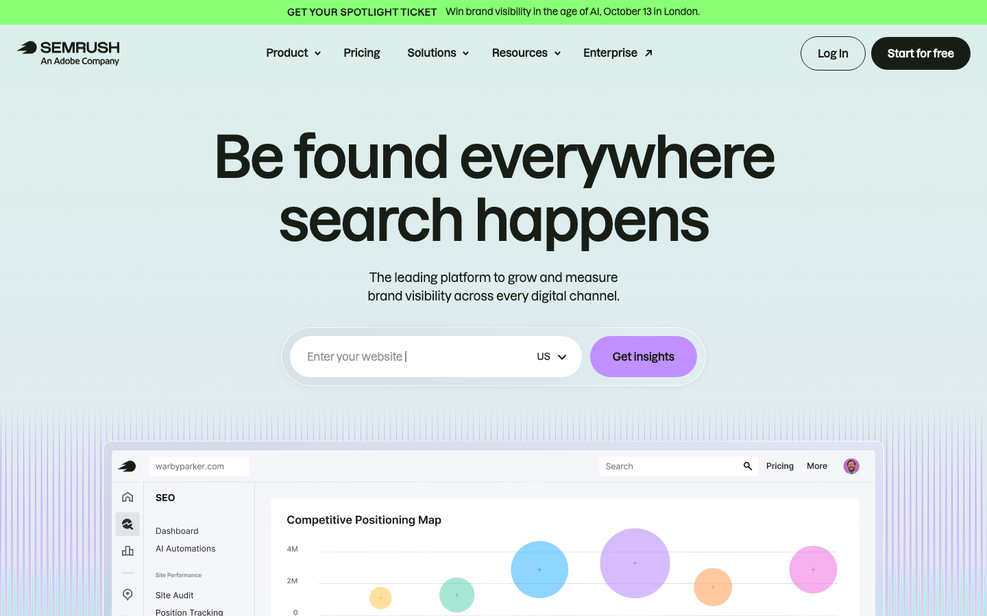 Semrush homepage screenshot showing the Adobe Company branding and brand visibility platform positioning