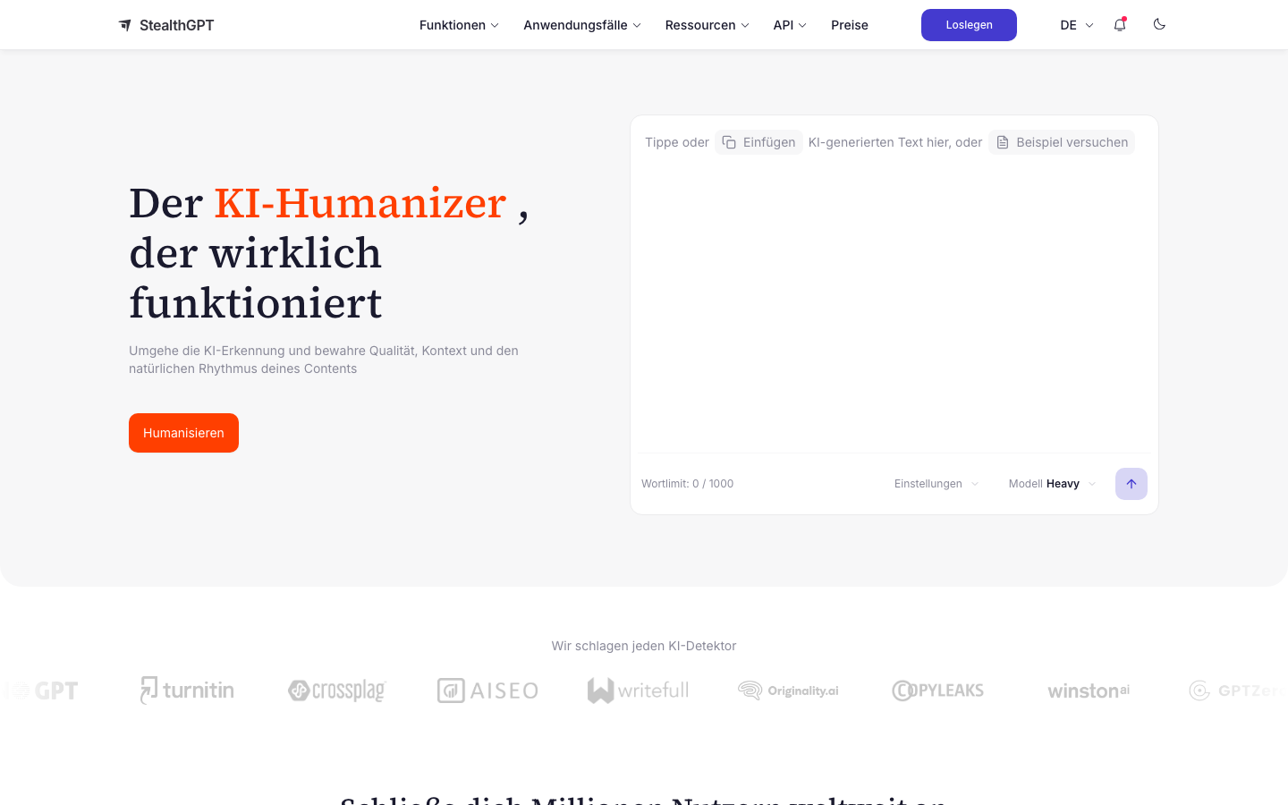 StealthGPT Startseite mit KI-Humanizer-Eingabefeld
