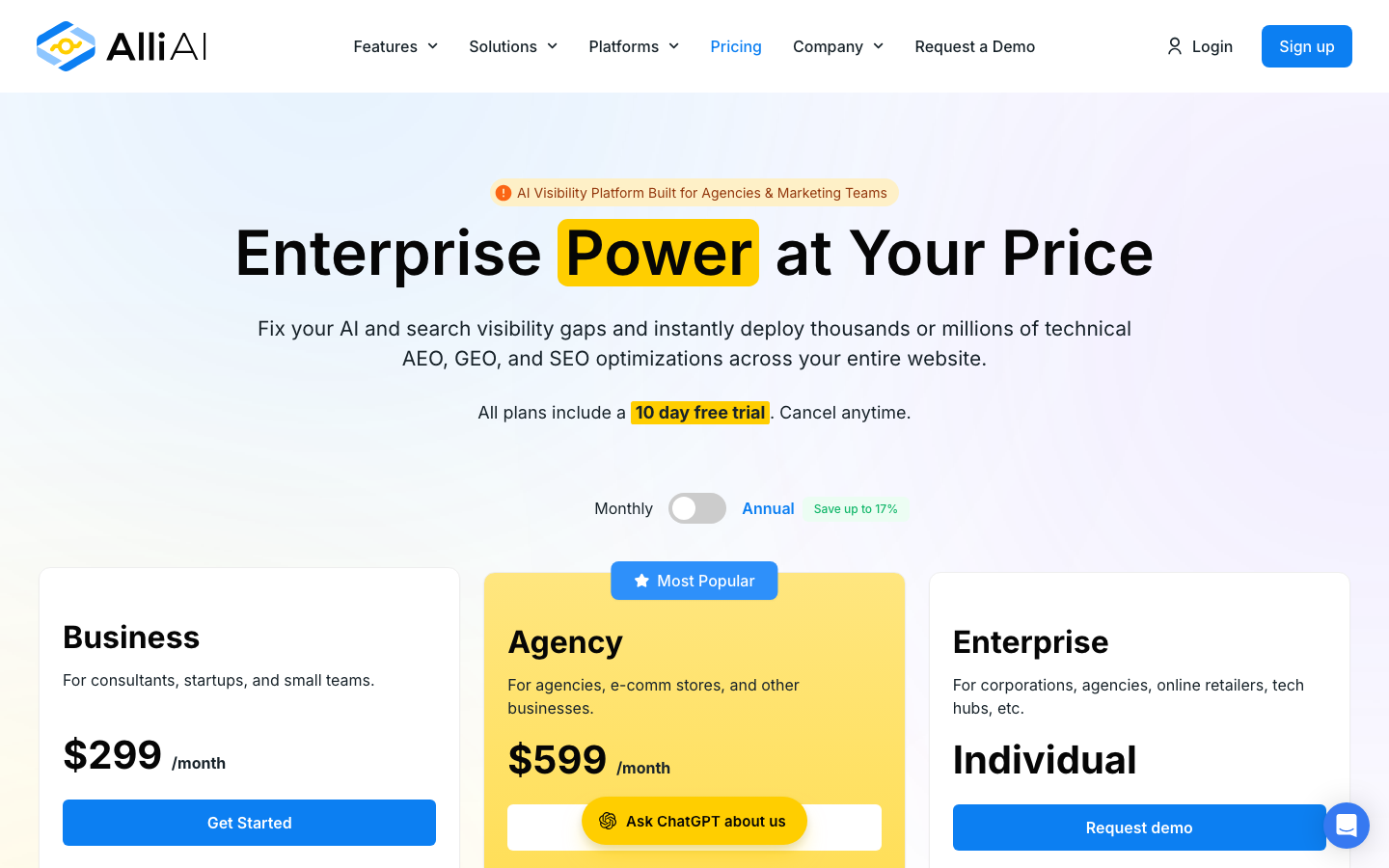 Alli AI pricing page showing Business at 299 dollars and Agency at 599 dollars per month