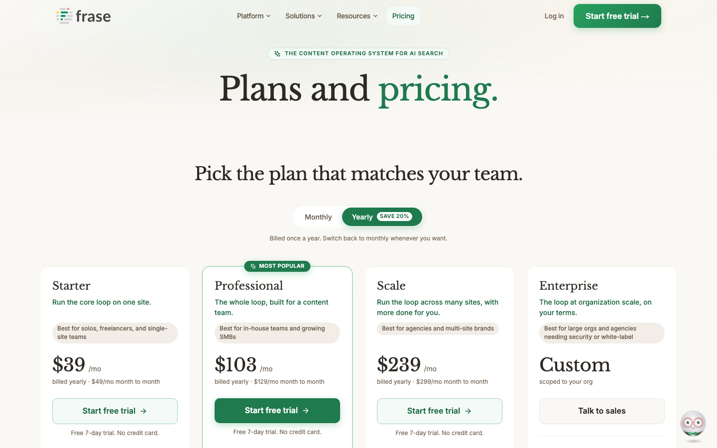 Frase pricing page showing Starter, Professional, Scale and Enterprise plans with a 7-day free trial.