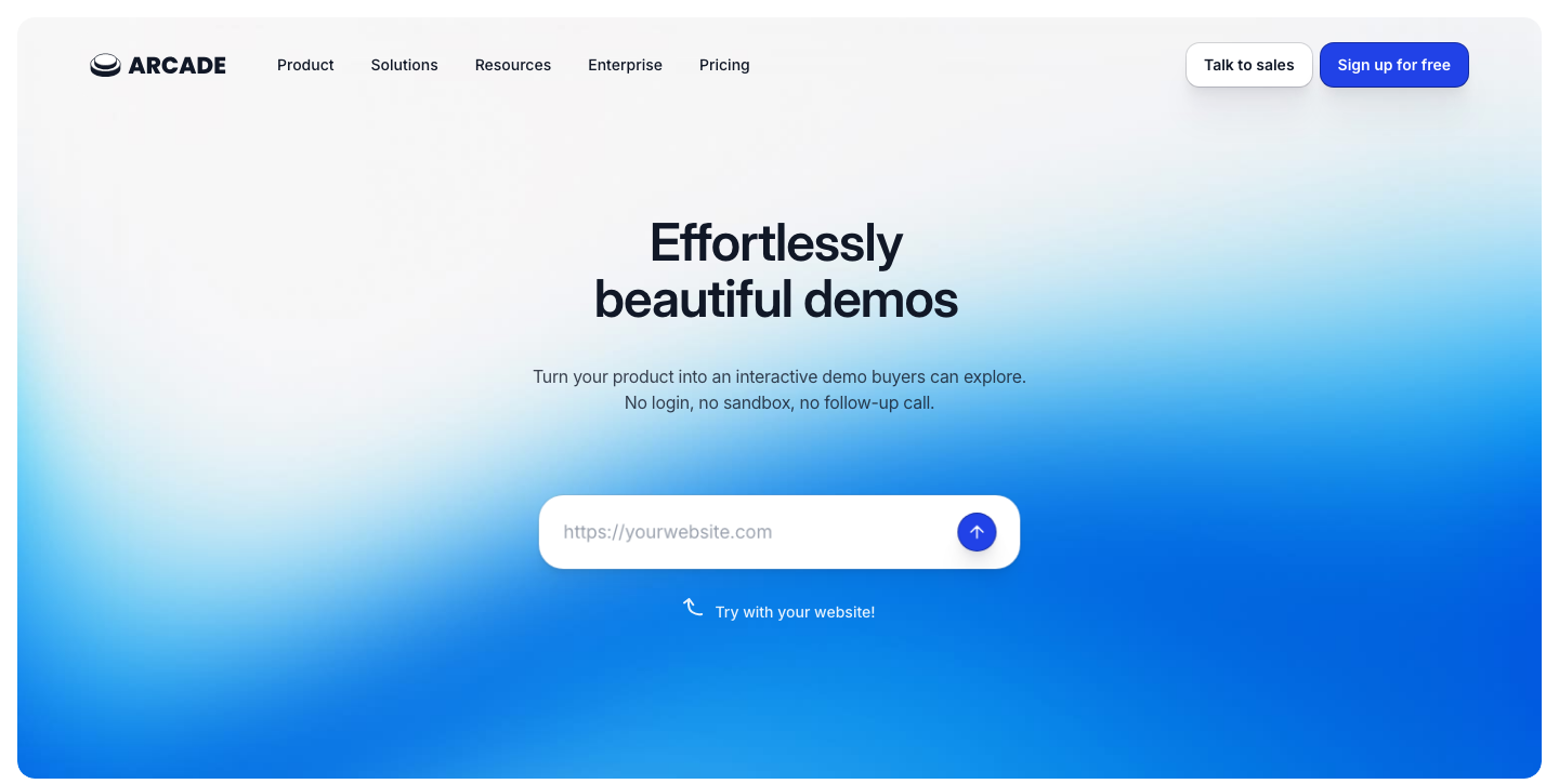 Arcade interactive demo page with a field to paste a website URL and generate a demo.