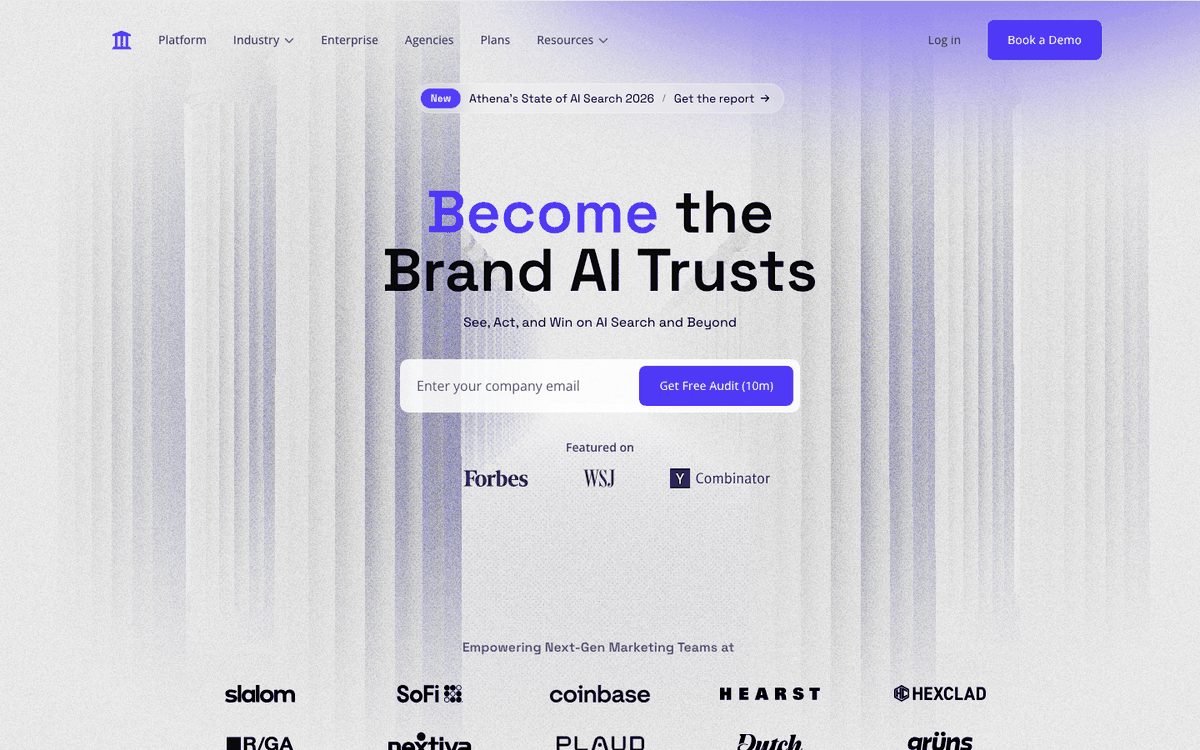 AthenaHQ homepage with the headline Become the Brand AI Trusts and a free audit form