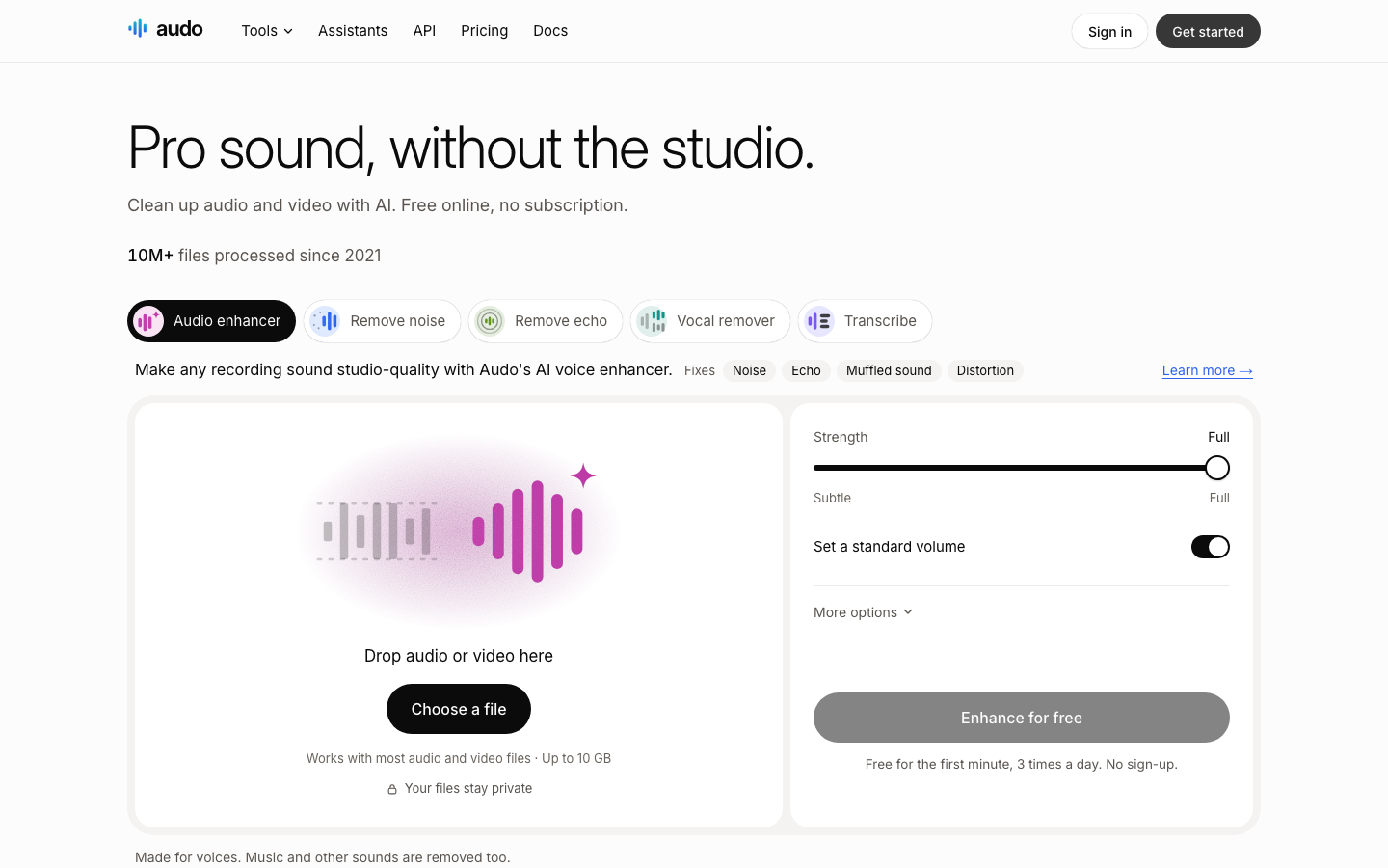 Audo homepage with the audio enhancer, strength slider and free first minute note