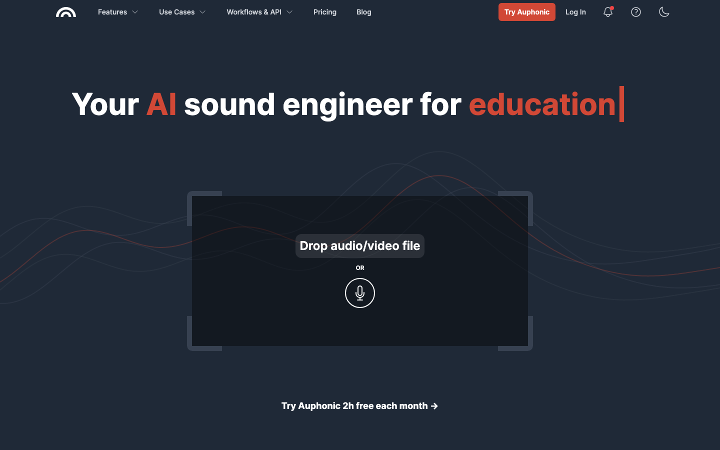 Auphonic homepage with the drop audio or video file field and the 2 hours free each month link