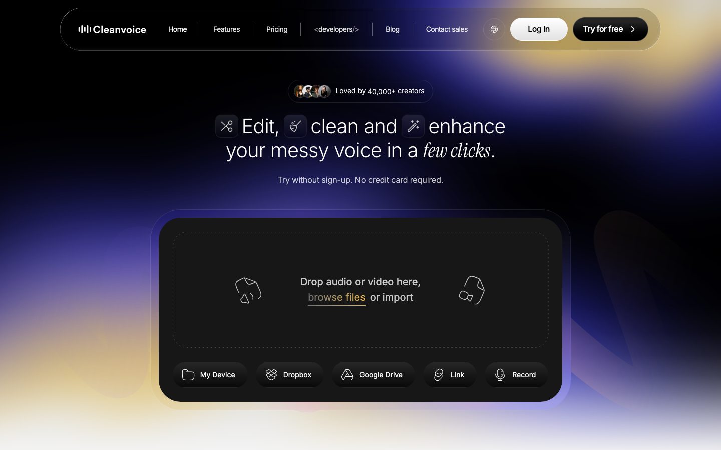 Cleanvoice homepage with the audio and video upload box for cleaning a recording
