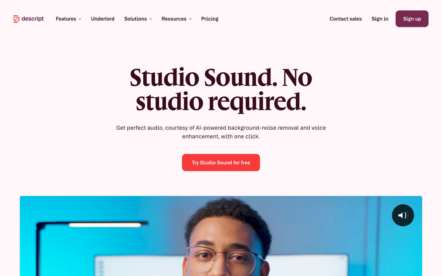 Descript Studio Sound page with the headline Studio Sound. No studio required.