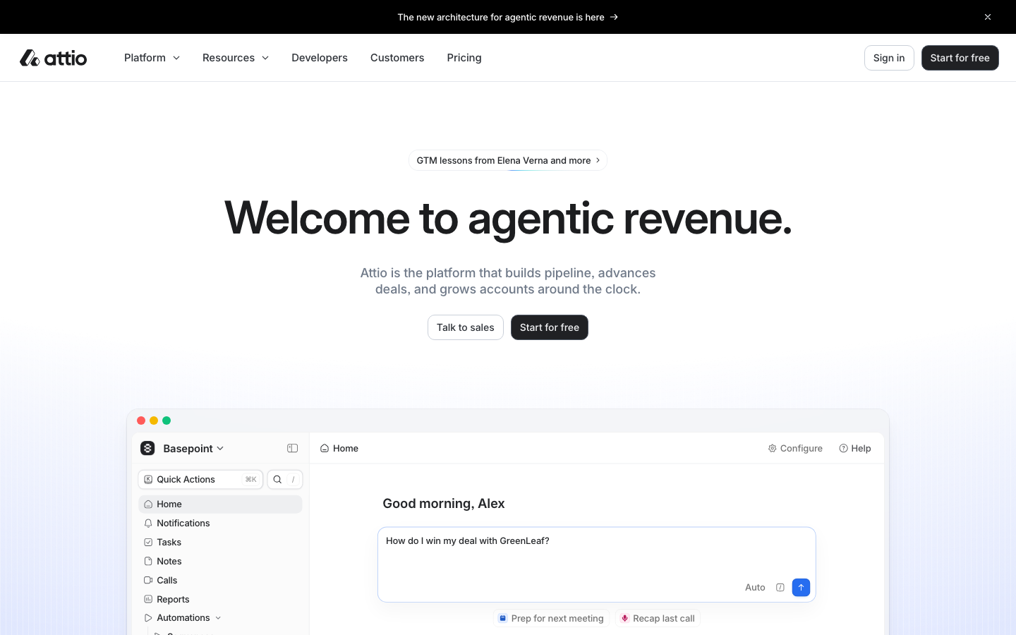 Attio homepage with the headline Welcome to agentic revenue and a preview of the Ask Attio prompt