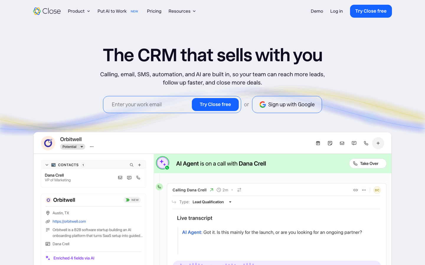 Close homepage with the headline The CRM that sells with you and an AI agent call transcript