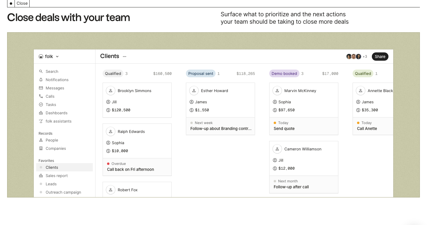 folk homepage showing a client pipeline with deal stages, follow-up tasks and the folk assistants menu